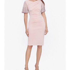 Betsy & Adam Beaded Flutter Sleeve Ruched Sheath Dress